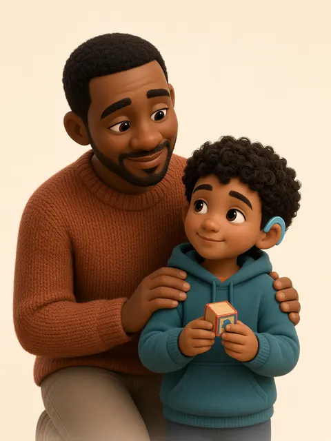 Avatar 3D : un papa, les mains posées sur les épaules de son fils qui porte un appareil auditif, regarde avec lui un cube en bois.