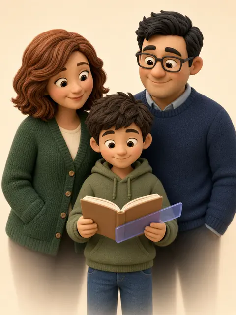Avatar 3D : des parents sourient à leur fils qui lit avec une règle de lecture transparente.