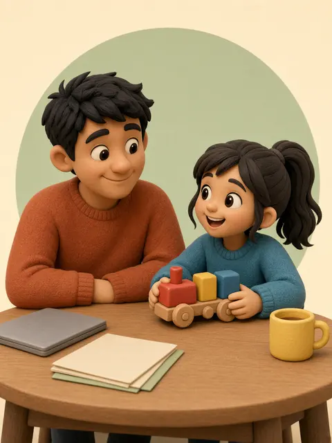 Avatar 3D : un parent prépare un dossier à une table pendant que son enfant joue avec un petit train en bois.