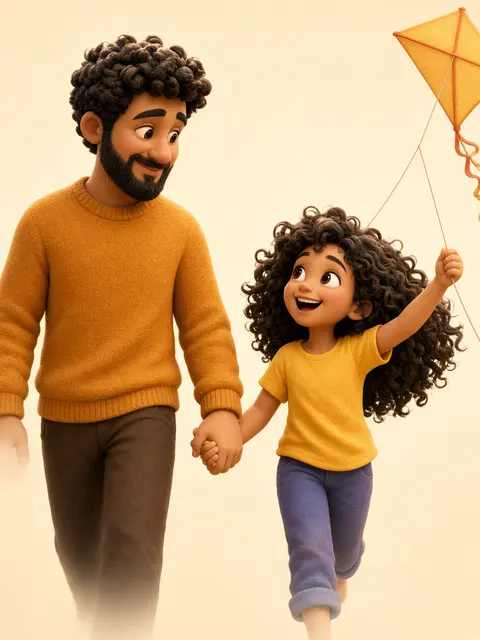 Avatar 3D : un papa tient la main de sa fille, pleine d’énergie, qui fait voler un cerf-volant.