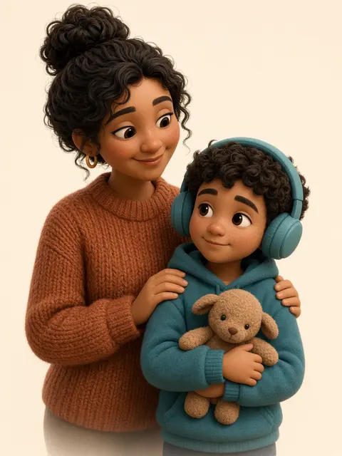 Avatar 3D : une maman pose les mains sur les épaules de son fils, qui porte un casque anti-bruit et serre une peluche.
