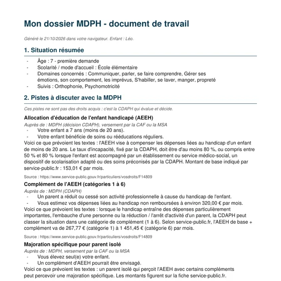 Aperçu de la première page du PDF « Mon dossier MDPH, document de travail » rempli pour un enfant fictif.