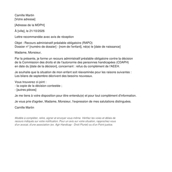 Aperçu du modèle de courrier de recours administratif préalable, complété pour un dossier fictif.